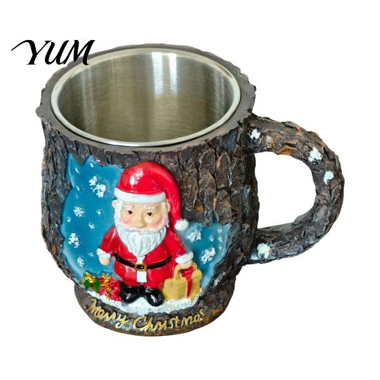 Christmas Mug Decorations Theme with Stainless Steel Liner, 3D Relief Hand Snowman Gift Mugs Painted Resin Coffee Cup, Decorative Drinkware