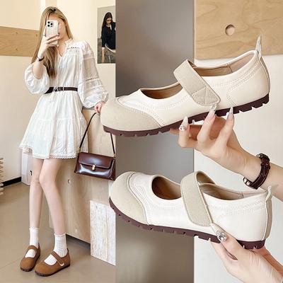 Женские туфли Мэри Джейн из мягкой кожи, весна и осень 2025, новые, на плоской мягкой подошве, на липучке, модные, универсальные, повседневные