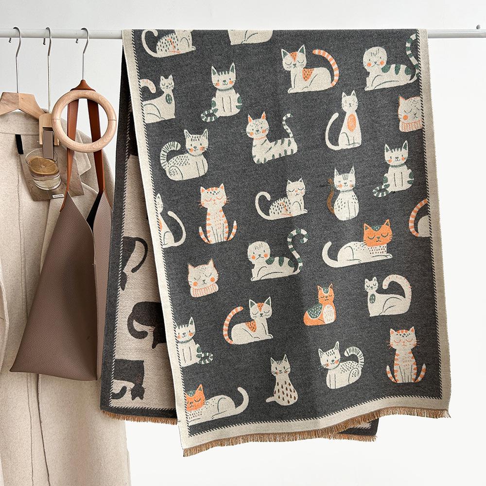 Двусторонний милый кашемировый шарф с котенком - Женский модный зимний шарф-шаль для согревания шеи