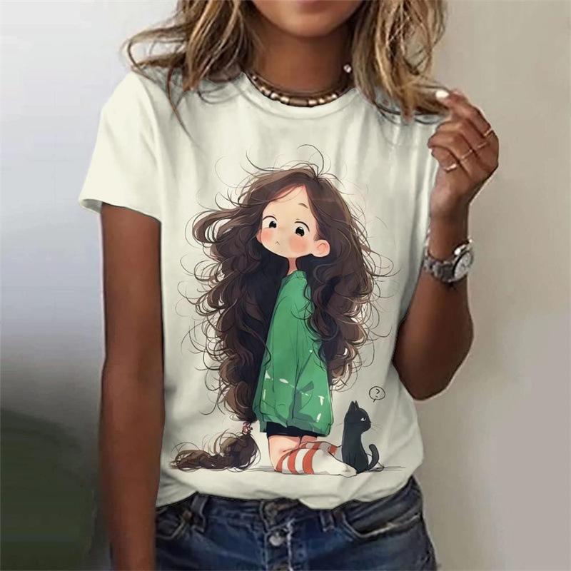 Summer Round Neck 3D Anime Girl Printed Top Fashionable Casual Short Sleeved Women's T-shirts