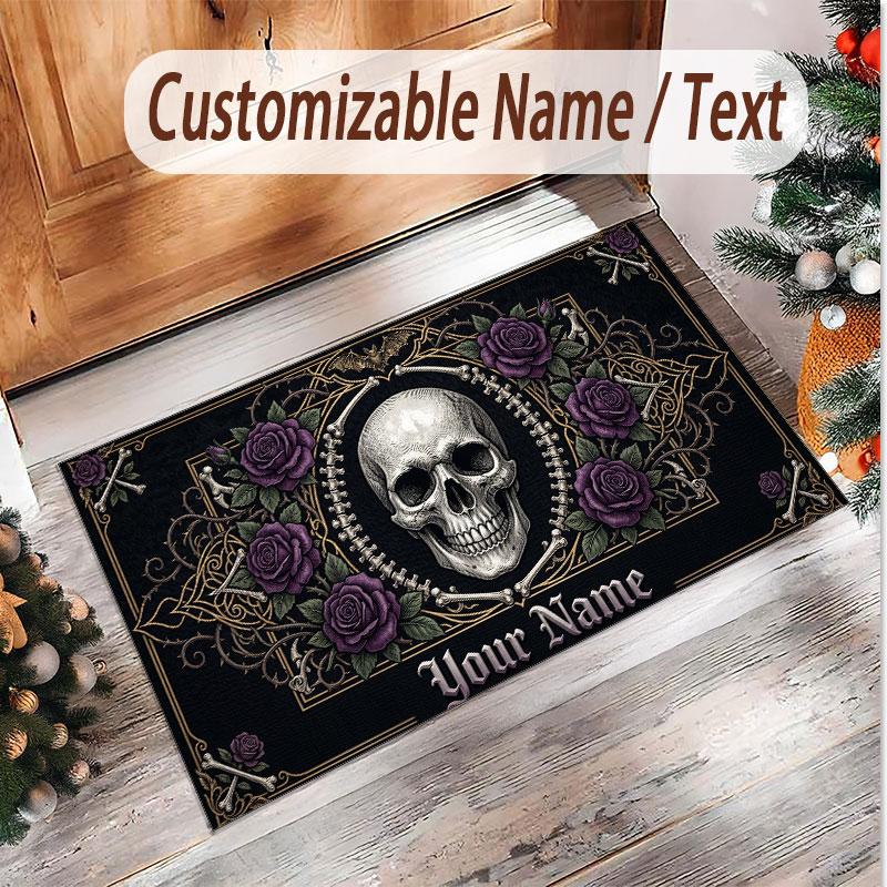 Skull Gothic Theme Soft Crystal Velvet Rug Custom Name & Text Print Non Slip Floor Rug for Bedroom Living Room