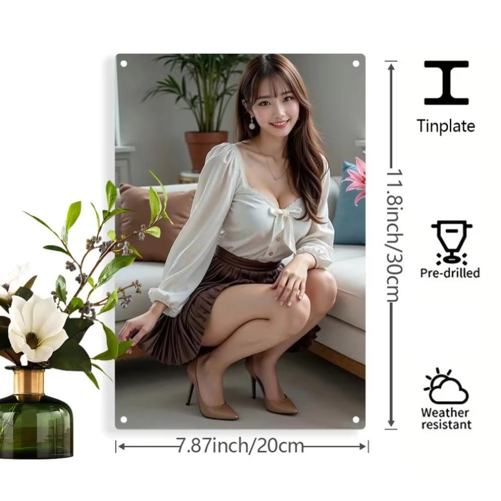 Настенное искусство Металлическая табличка Женщина Белая рубашка Коричневая юбка 20x30см Погодоустойчивый Декор для помещения и улицы Предварительно просверлено