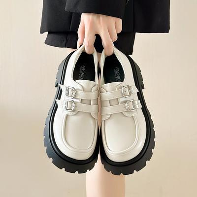 Французские толстые туфли на высоком каблуке из черной мелкой кожи для женской осенней новинки, универсальные лоферы на толстой подошве с небольшой высотой, увеличивающей рост