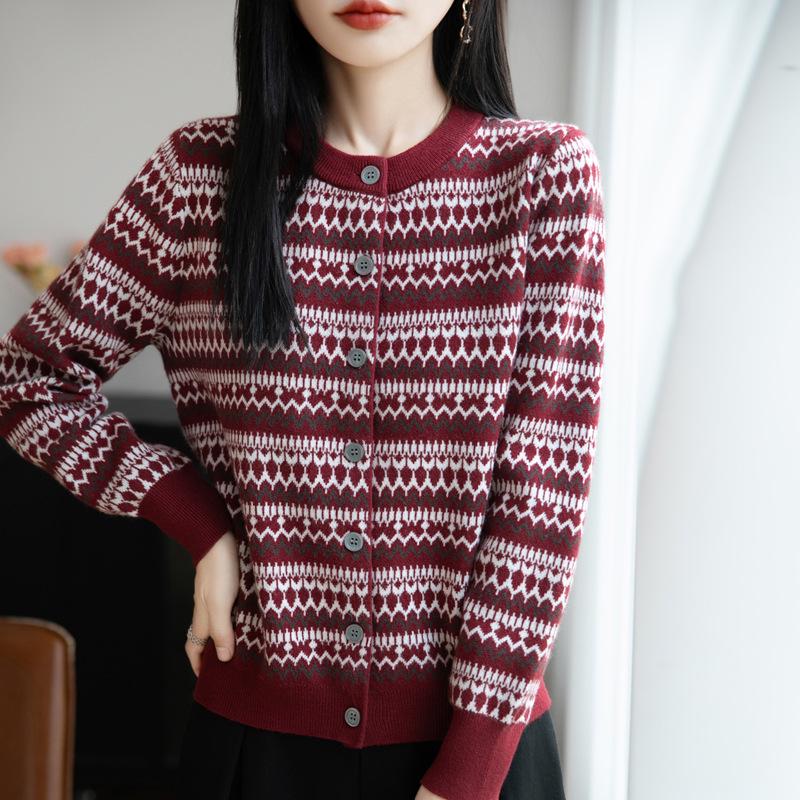 Женский ретро-кардиган из шерсти с жаккардовым узором Fair Isle, с круглым вырезом - Новый рождественский дизайн 2025