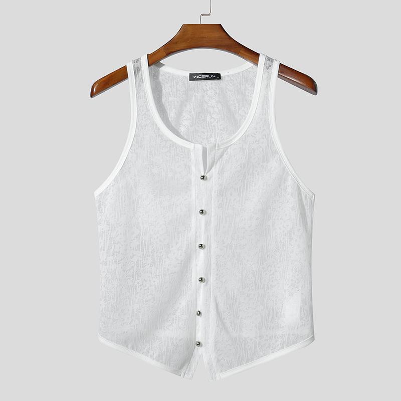 INCERUN Summer Men U Neck Sleeveless Buttons Lace Mesh Sheer Casual Tank Tops