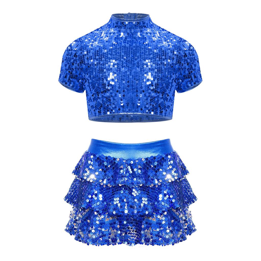 Костюм для чирлидинга для девочек, топ-кроп с коротким рукавом и воротником-стойкой, расшитый блестящими пайетками, шорты с многоярусной юбкой-рюшем