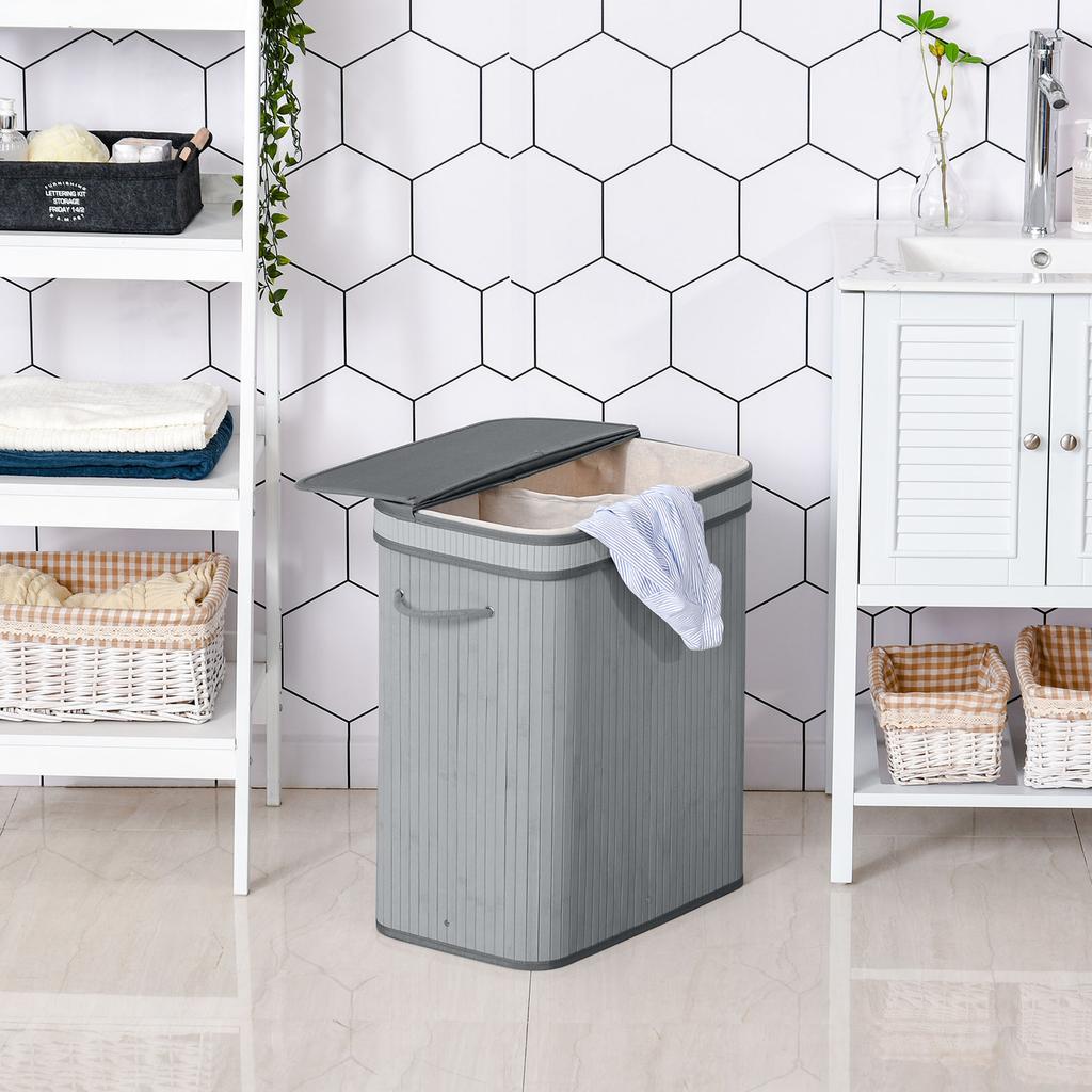 100L Natural Wood Laundry Basket A Compartment w/Flip Lid Removable Lining Handles Board Base Foldable Durable Water-Resistant Dirty Clothes Storage