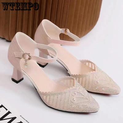 Женские сандалии, сетка, полый дизайн, украшения со стразами, женские сандалии из мягкой кожи, противоскользящая мягкая подошва, дышащие туфли на высоком каблуке для поездок на работу