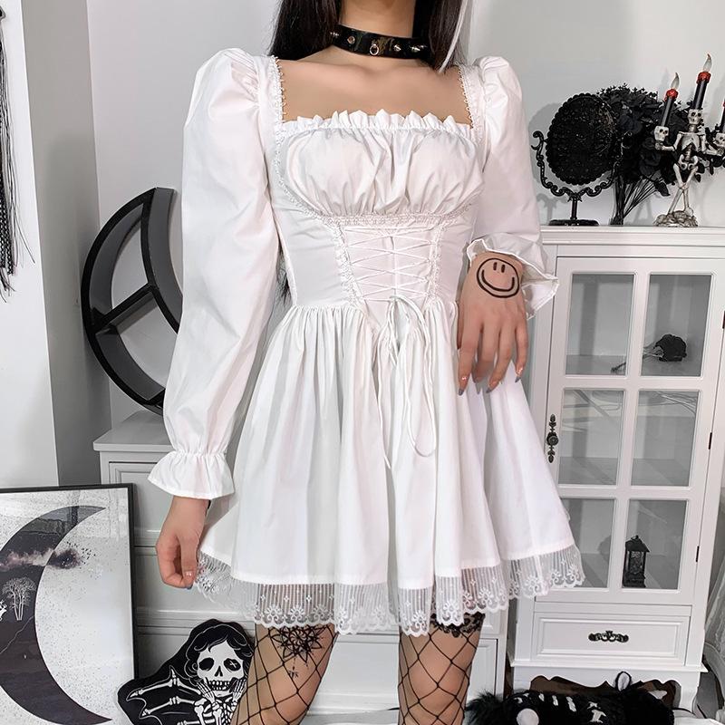 Gothic Sexy Black Lace Up Dress Vintage Square Collar Puff Sleeve Lace Tirm Mini Dresses Harajuku Fairy Grunge Party Dress