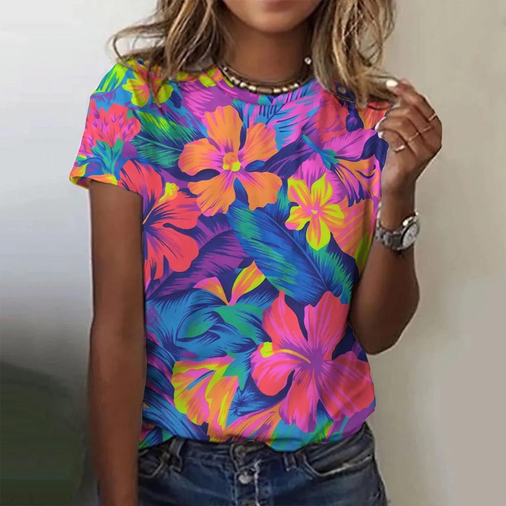Women's round neck shirt with 3D digital printing short sleeved shirt, fashionable women's top KTB