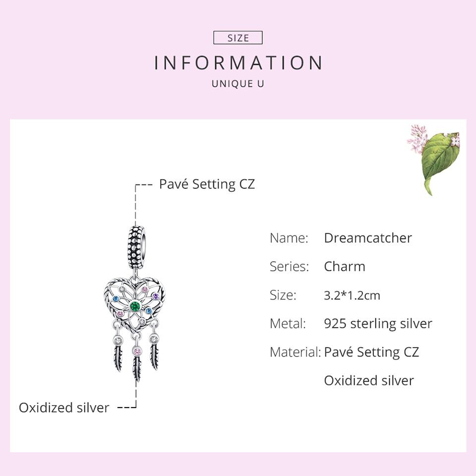 BAMOER Bohemian Style Dream Catcher 925 Sterling Silver Bead for Jewelry Making Feather Tassel Charm