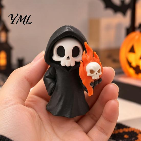3D Printed Spooky Ornaments Cute Grim Reaper Halloween Figurine, Little Desktop Decorations for Statue with Flame Skull, Ornament, Collectible