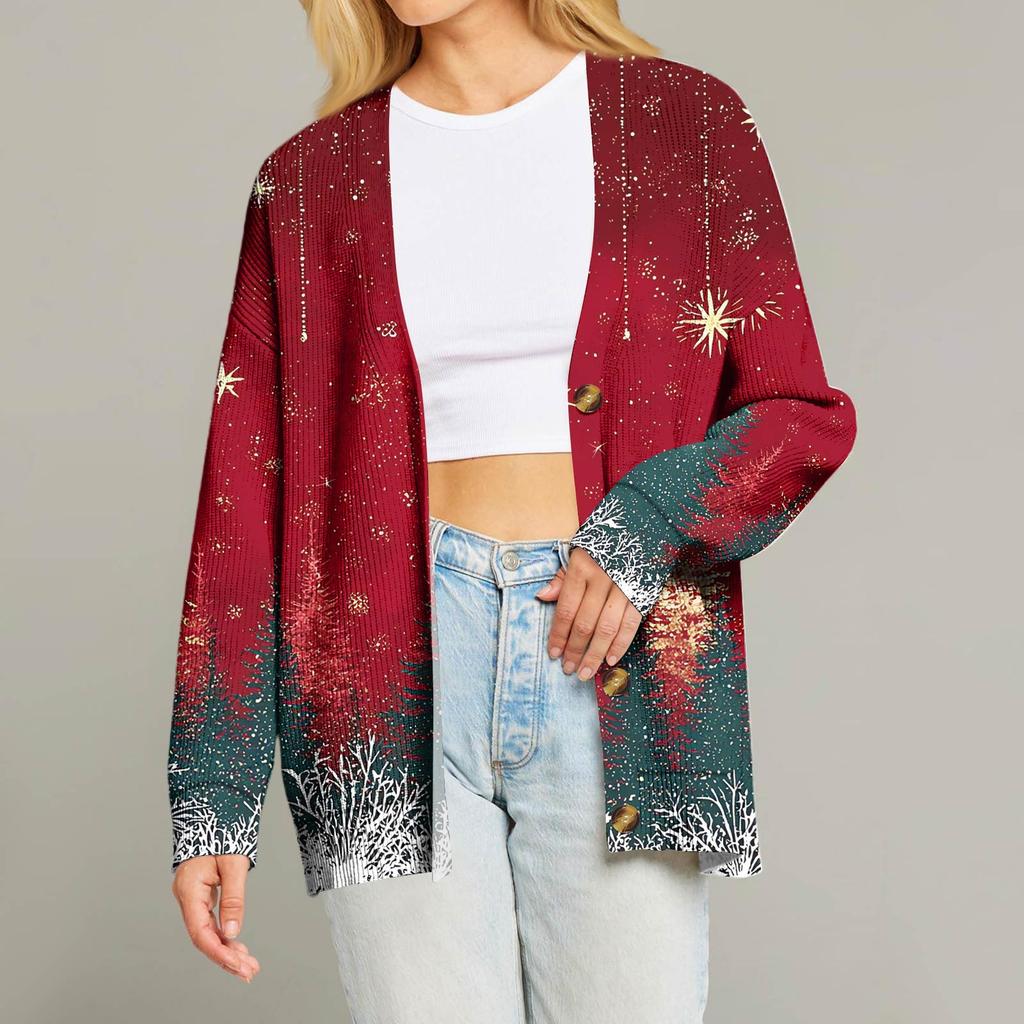 Женский модный кардиган с длинным рукавом, V-образным вырезом, на пуговицах, свободного кроя, с рождественским принтом