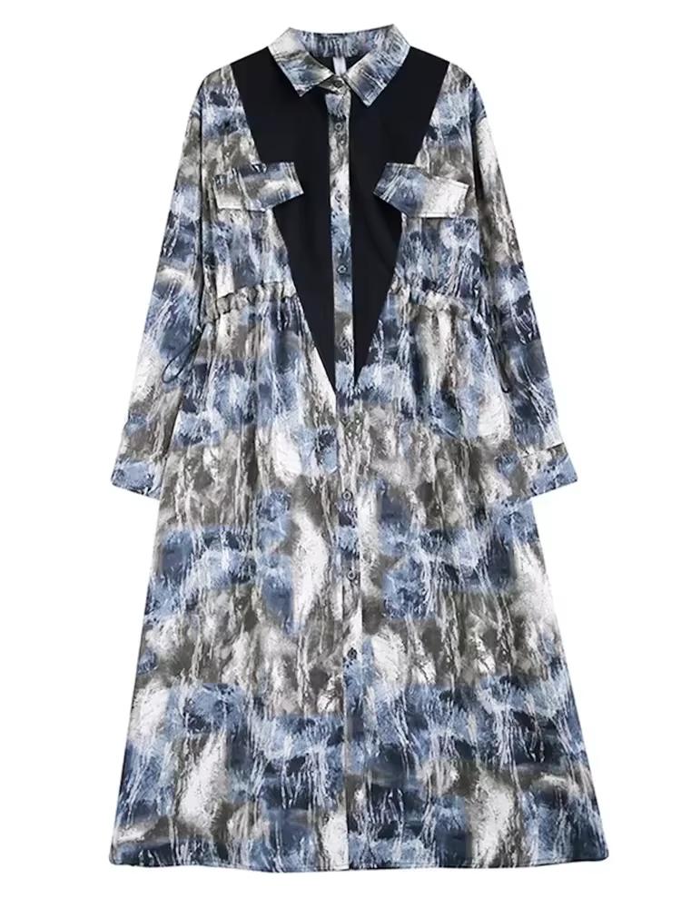 Xitao Свободное платье-рубашка в стиле пэчворк с принтом, повседневное однобортное женское платье на шнурке, новое осеннее простое платье в стиле темперамент DMJ4175