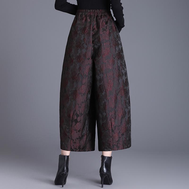 Women's Fleece-Lined Embossed Jacquard Wide-Leg Cropped Tulip Pants - Plus Size, Autumn/Winter, Casual Bootcut, High Quality