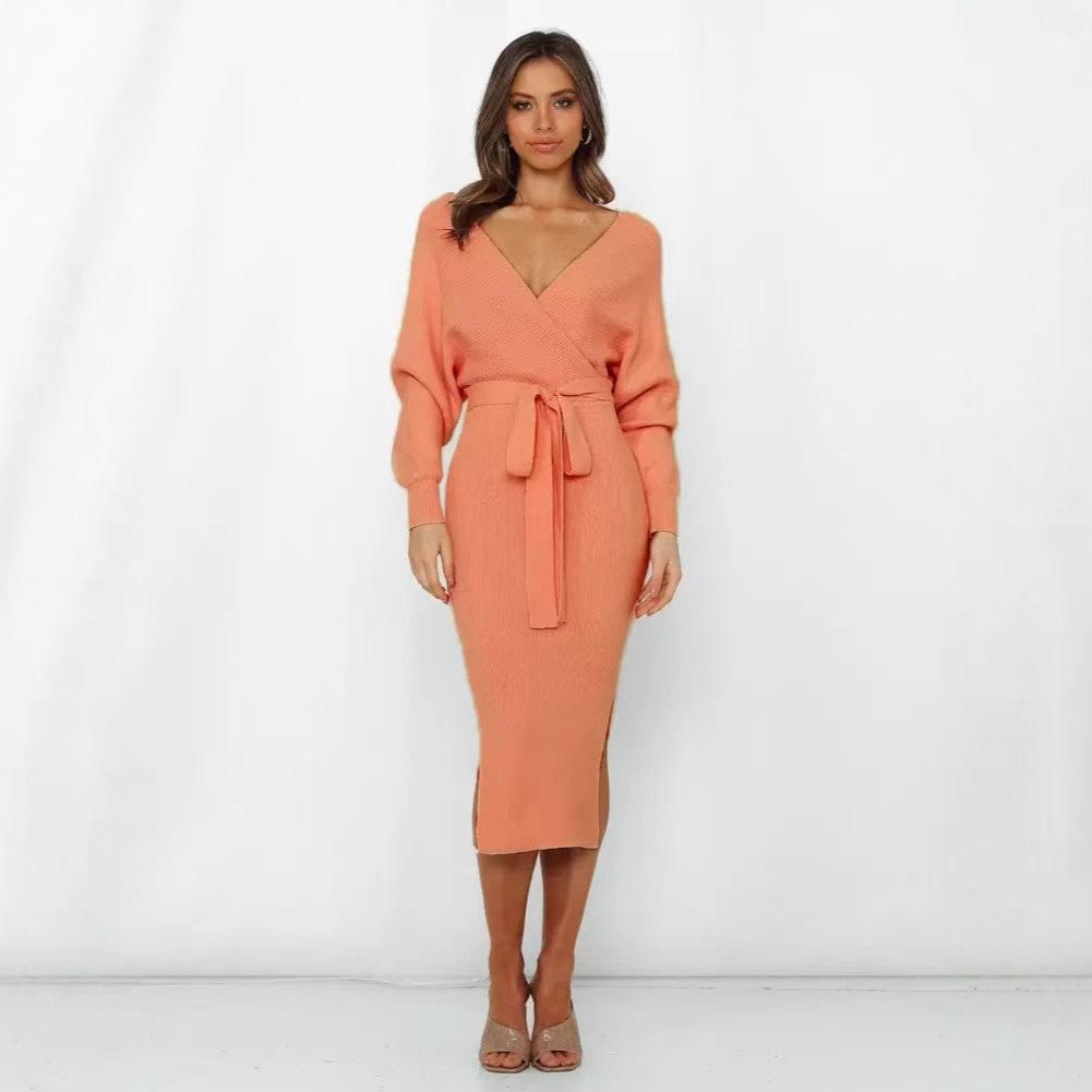 European and American style v-neck knitted dress women's autumn and winter lace-up medium and long slim and thin hip skirt