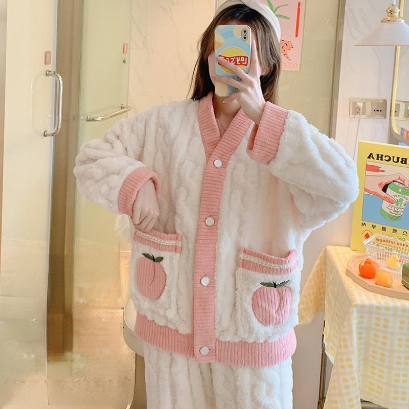 Фланелевые бархатные пижамы женские осенне-зимние корейские Kawaii милые утолщенные теплые мягкие пуловеры с v-образным вырезом с длинными рукавами из двух предметов домашняя одежда