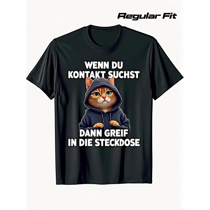 Playful German Phrase T-Shirt with Cartoon Cat Design? If You'Re Looking for Contact, Reach Into The Socket? Black Casual Short Sleeve Tee for Men