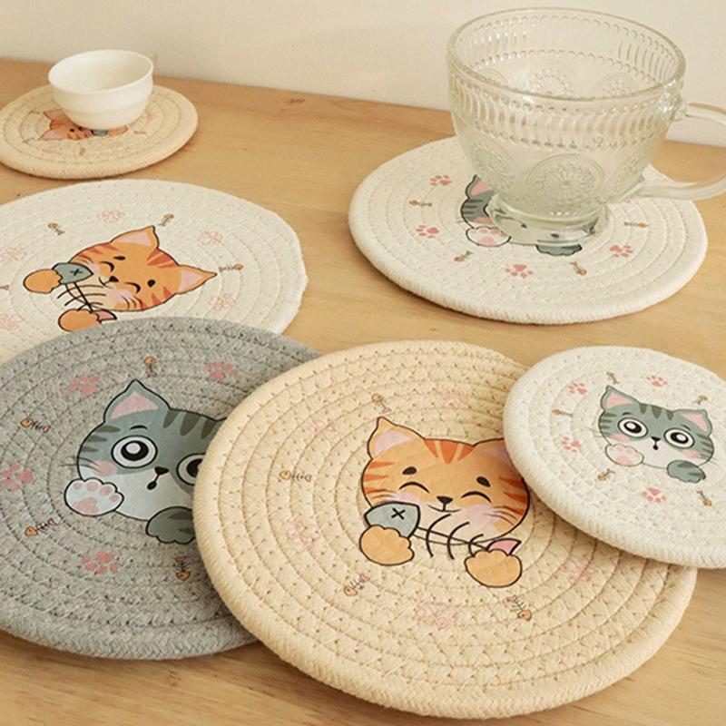 Круглая плетеная подставка для подставок ручной работы с мультяшными животными для подставки под чашку обеденного стола