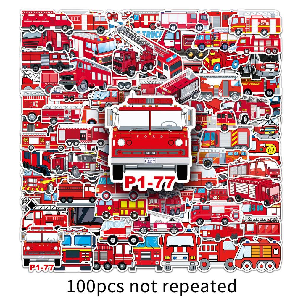 100 Fire Truck Graffiti Stickers Personalized Cartoon Creative Decorative Water Cup Mobile Phone Case Suitcase Stickers