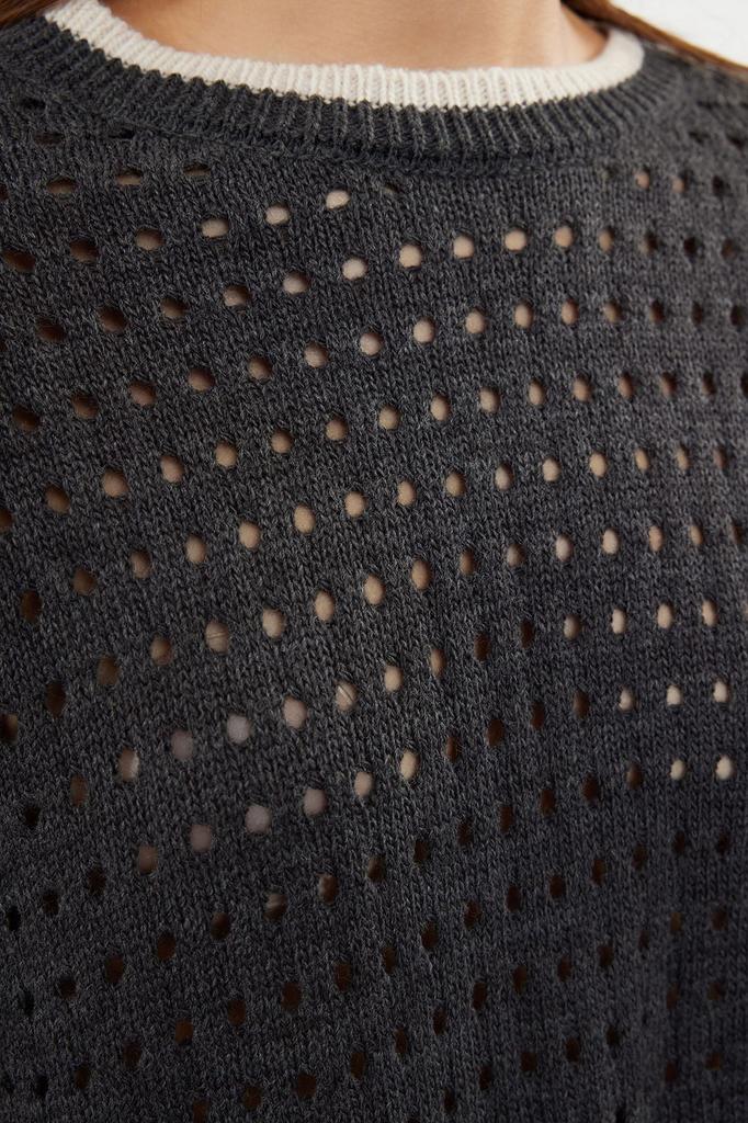 Women's Fashionable Stylish Sweater Ecru Openwork Hole Crew Neck Knitwear Sweater