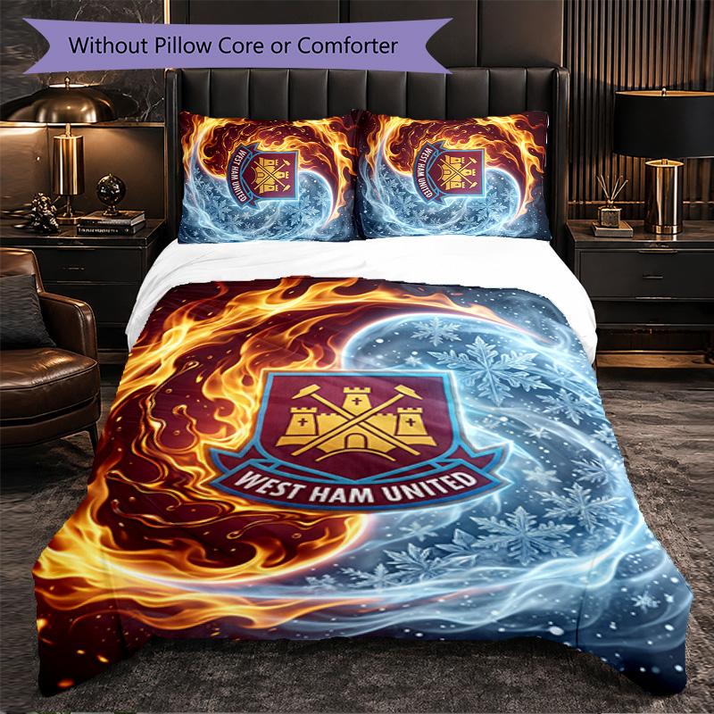 West Ham United Football 3 Piece Bedding Set Soft Duvet Cover Set with Pillowcases Printed Bedroom Decor Set for Home