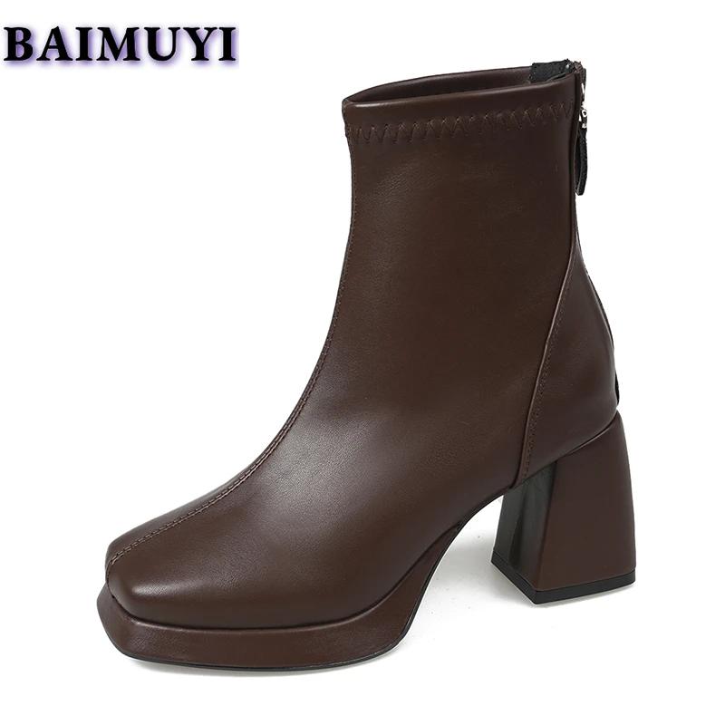 Square Toe Women High Heels Ankle Boots Fashion Chunky Leather Shoes 2025 Trend New Retro Fad Chelsea Cozy Pumps Botas De Mujer