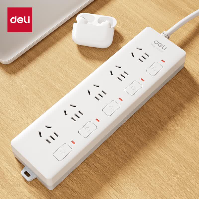 Deli 5-Outlet Power Strip with Independent Switches, 3M