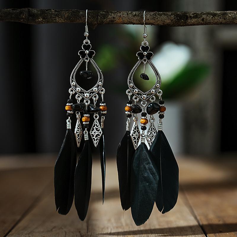 Bohemian Feather Long Drop Dangle Earrings For Women Enamel Heart Flower Irregular Stone Wooden Bead Handmade Earrings Jewelry