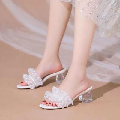 Жемчуг 2025 лето новые кружевные босоножки на толстом каблуке среднем каблуке в сказочном стиле универсальные шлепанцы маленького размера женская обувь