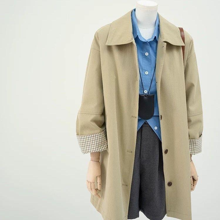 Женский тренч цвета хаки в стиле колор-блок – Коллекция весна/осень 2025, Маленький размер, Свободный крой, Повседневная рабочая одежда