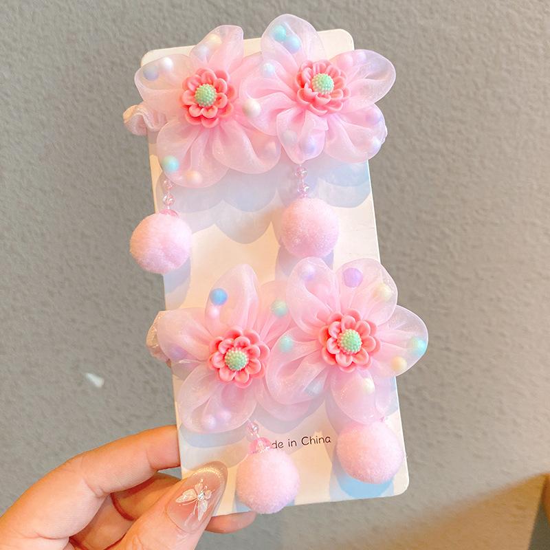 Floral Hair Ties for Girls - No Damage Pink Bloom & Pom Pom Elastics, Gentle Soft Ponytail Bands for Kids & Toddlers