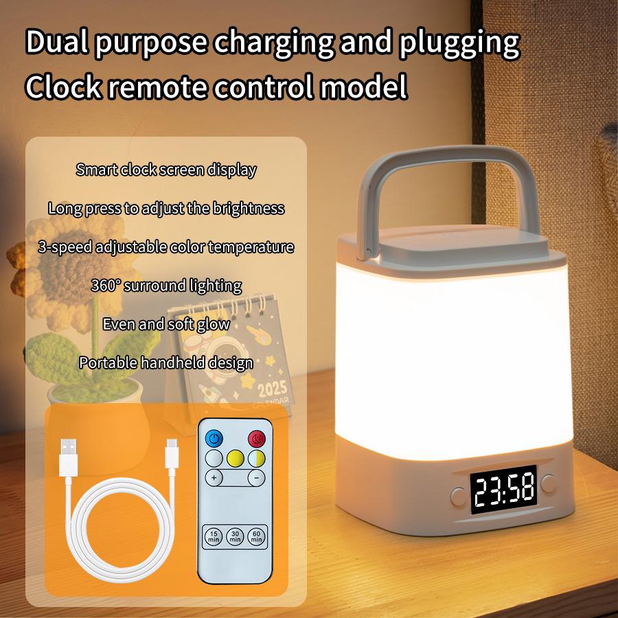 Rechargeable Led Table Lamp with Clock Time Display Night Light Remote Control for Bedroom Bedside Nursery Reading Book Light