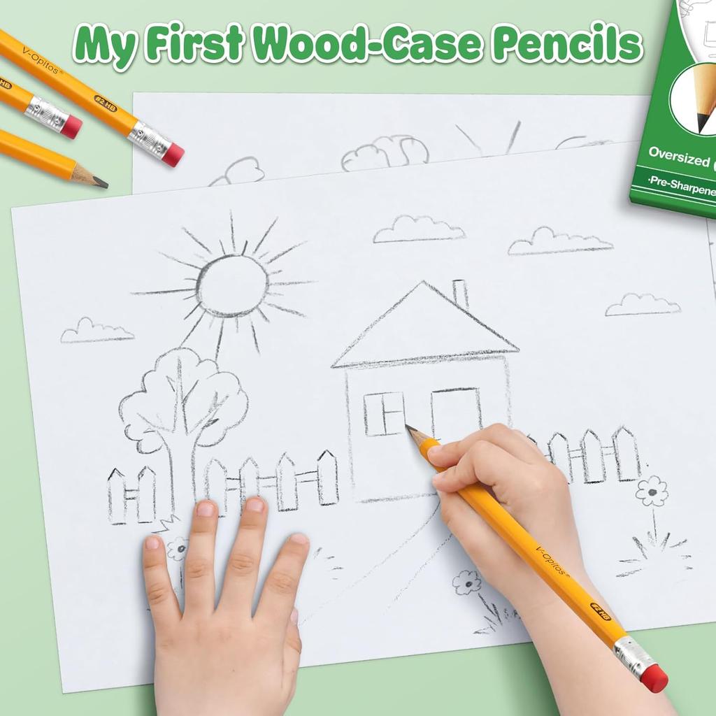 V-Opitos Jumbo #2 HB Pencils - 14 Pack Triangle Pre-sharpened Wood-Cased Pencils with Top Erasers for Kids, Ideal for Home, Kindergarten, School