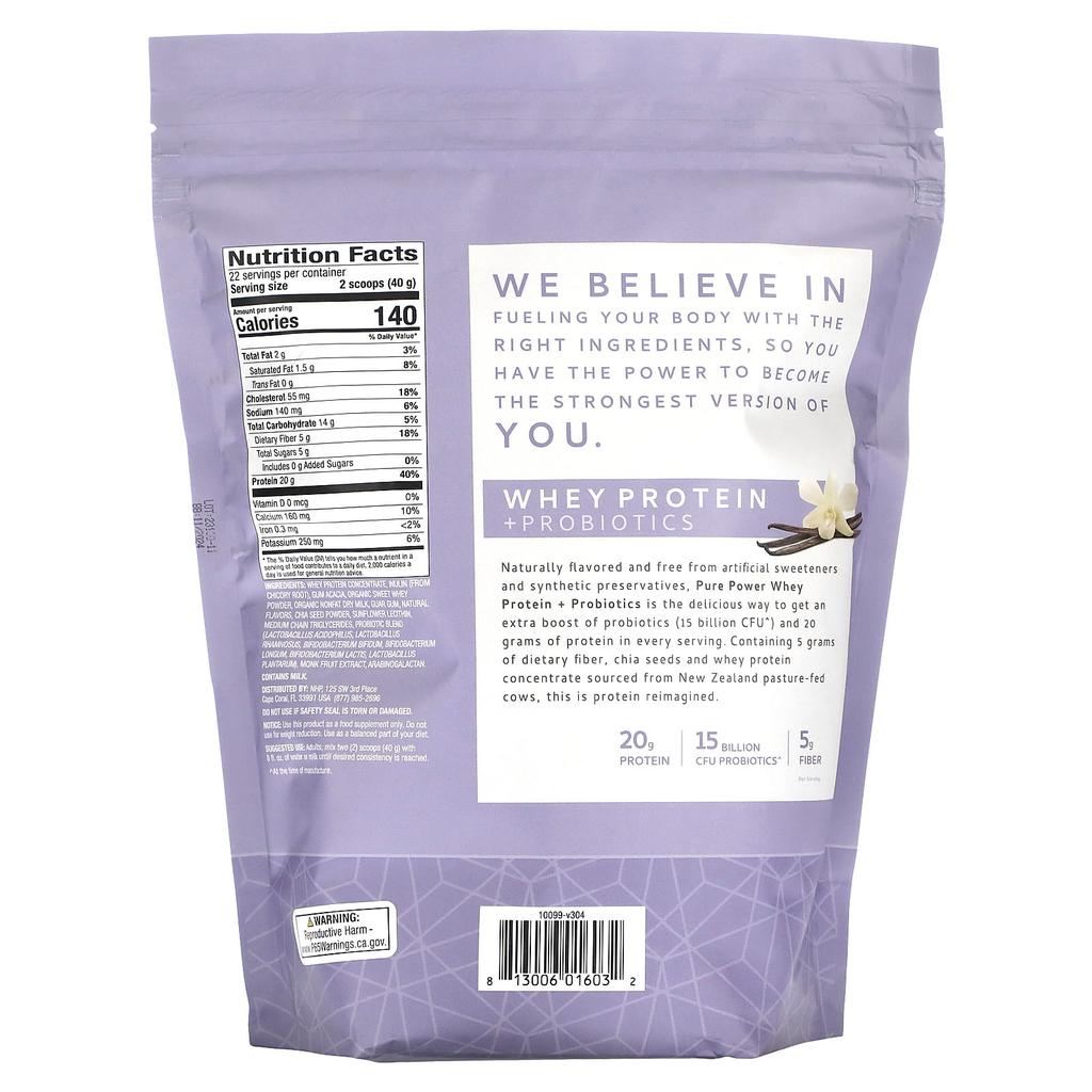 Dr. Mercola Pure Power, Whey Protein + Probiotic, Vanilla, 1 Lb 15 Oz (880 G)