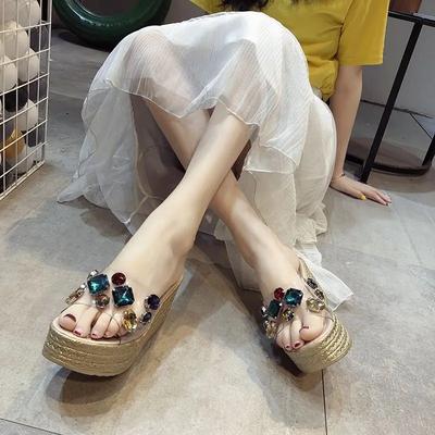 Сандалии на платформе Rhenstone, кристаллы, обувь для женщин, драгоценности, толстые женские тапочки, шлепанцы на танкетке, новая модная обувь высокого качества