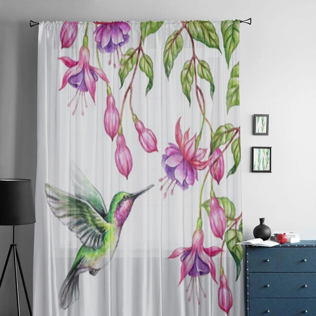 Тюлевая занавеска «Колибри» с фиолетовыми цветами и листьями для гостиной, прозрачная занавеска с балдахином для кухни, спальни, оконные шторы