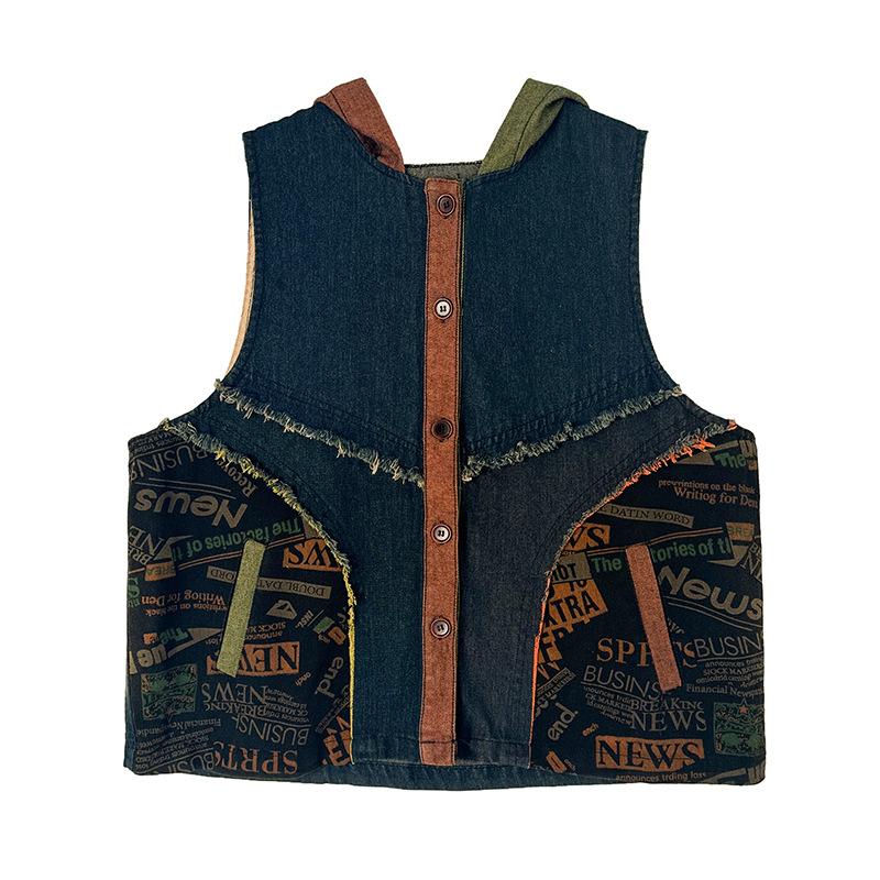 МОДА Большой размер ретро свободный джинсовый жилет жилет с шапкой контрастный цвет сращивание грубый край повседневный джинсовый жилет куртка