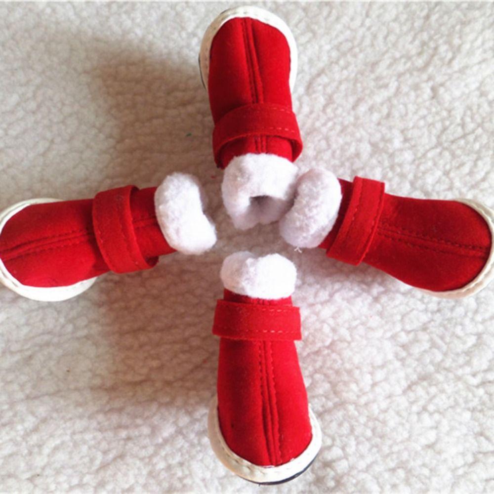 4pcs/set Windproof Santa Dog Shoes Adjustable Dog Snow Boots Puppy Red Boots  Winter