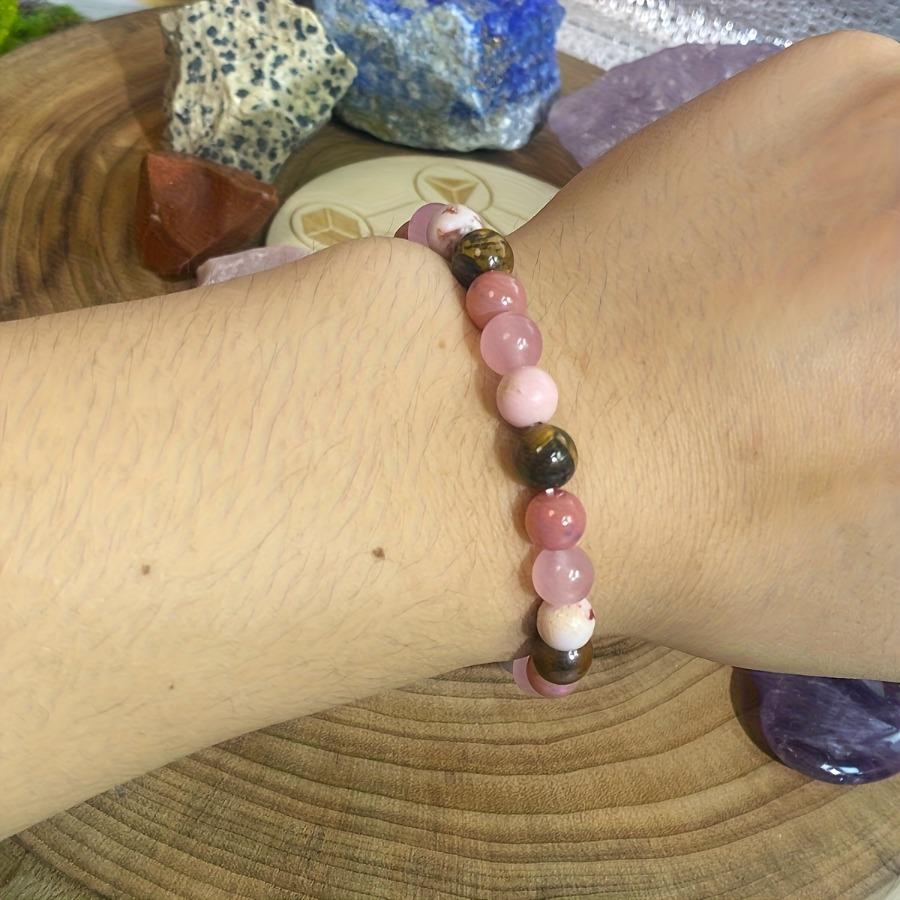 1pc Natural Tiger Eye Stone Elastic Bracelet with Pink Beads- Stretchy Comfort Fit for Daily Wear& Parties, Mother's Day Gift, Year-Round Accessory