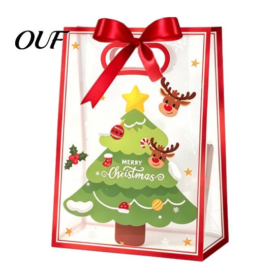 Seasonal Souvenir Gift Pouches Christmas Bags with Handles, Reusable Clear PP Treat for Eve Candy Apples Cookies, Holiday Party Favor Packaging Ribbon