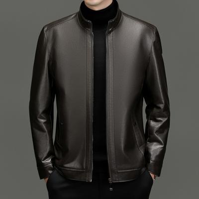 Мужское пальто среднего возраста из натуральной кожи с воротником-стойкой, бархатом и утолщенным мехом, универсальное повседневное свободное пальто из кожи