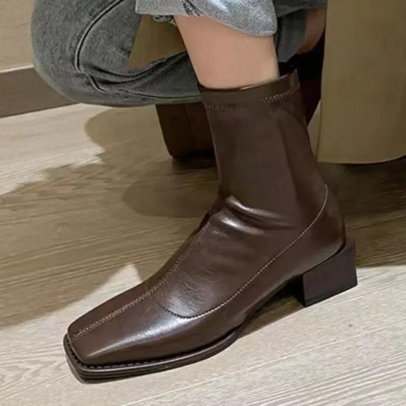 Fashion 2024 High Quality Ladies Shoes Zipper Women's Boots Winter Square Toe Solid Short Barrel Chunky Heels Fashion Mid Calf Boots