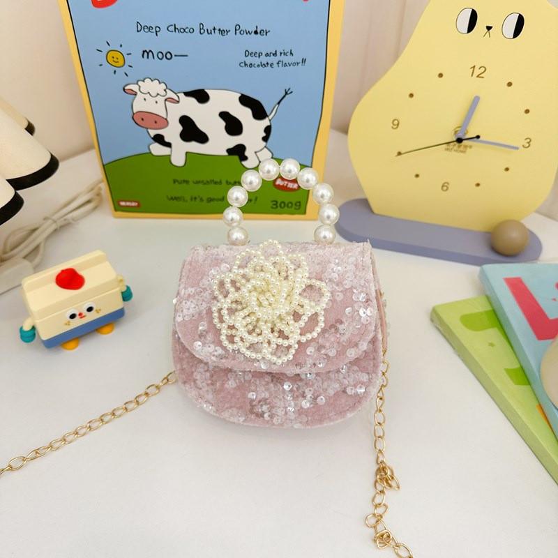 Crossbody Bowknot Girls Bag Sparkly Cartoon Shoulder Bag With Pearl Chain Strap