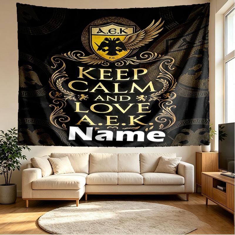 Custom Name Personalized AEK Athens FC Print Tapestry, Wall Art Decor, Bedroom, Dorm, Apartment, LivingRoom, Party Backdrop, Gift for Birthday