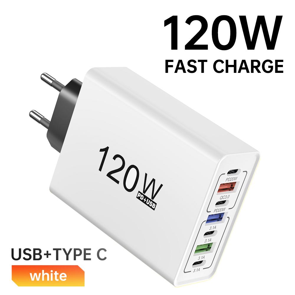 Зарядное устройство USB C Type C 120 Вт с несколькими портами, быстрая зарядка, адаптер для iPhone, Samsung, Xiaomi, настенное зарядное устройство с вилкой ЕС/США