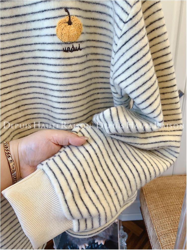 Korean Style Embroidered Pumpkin Stripe Long Sleeve Women's Plus Size Casual Top