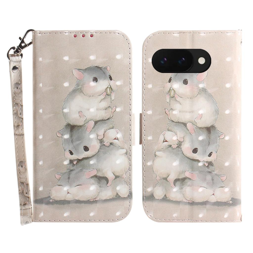 For Google Pixel 9a Case Pattern Printing Leather Wallet Phone Cover with Wrist Strap