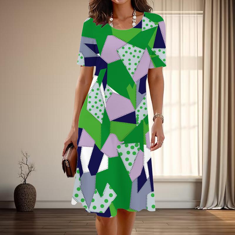 Женская мода изящные геометрические узоры принт лето весна короткий рукав О-образный вырез повседневные платья