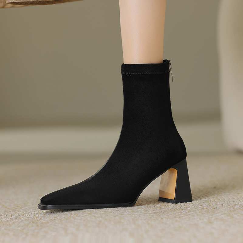 Krazing Pot Зимние ботинки из флока из микрофибры с квадратным носком, эластичные ботинки без шнуровки на высоком толстом каблуке, женские ботильоны